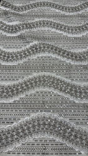 Silver Wavy Line Sequin Embroidered Silk Fabric