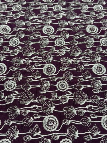 Wine Floral Embroidered Bio Satin Fabric