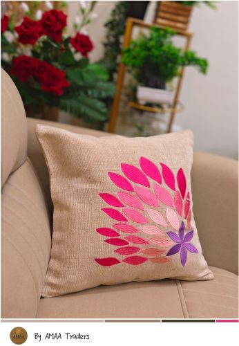 Jute-Cotton Blend Jute Cotton Floral Embroidery Cushion Cover Plain