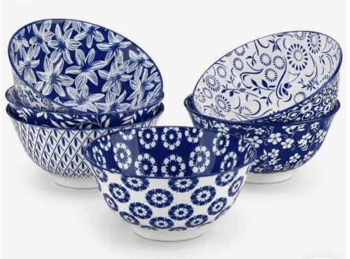 Color Coated Blue and White Ceramic Serving Bowl, Shape : Round