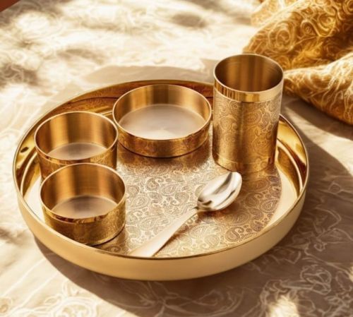 Printed Kansa Bronze Thali Set, Shape : Round for Dining
