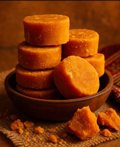 Natural Brownish Solid Jaggery, Shape : Round for Food, Beverages