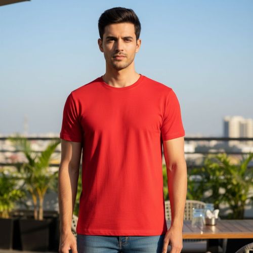 Mens Red Cotton Round Neck T-Shirt, Size : L, XL, XXL Casual Wear