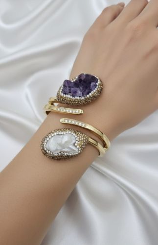 Artificial Amethyst and Baroque Pearl Cuff Bracelet