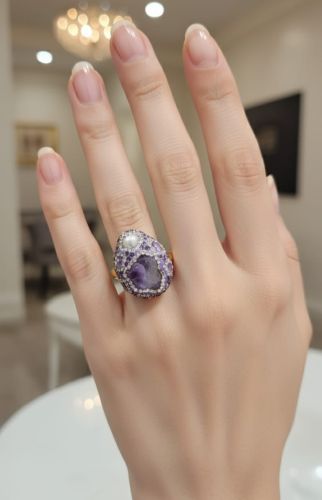 Raw Amethyst Pearl Cocktail Ring, Brand Name : Anand Jewellery