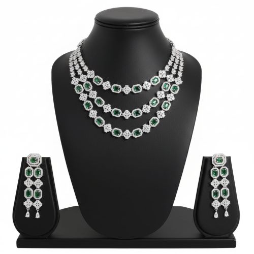 Cubic Zirconia Multi-Layer Emerald-Green Cz Necklace Set