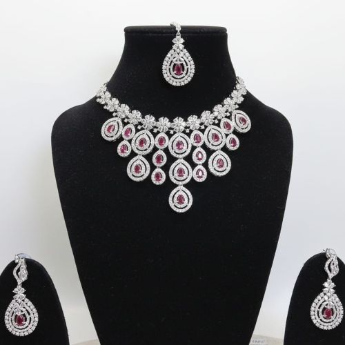 Ruby Red Teardrop AD Bridal Necklace Set