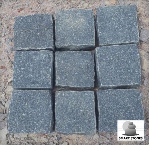 Bush Hammered 9inch Hand Cut Granite Cobbles Stone, Color : Black