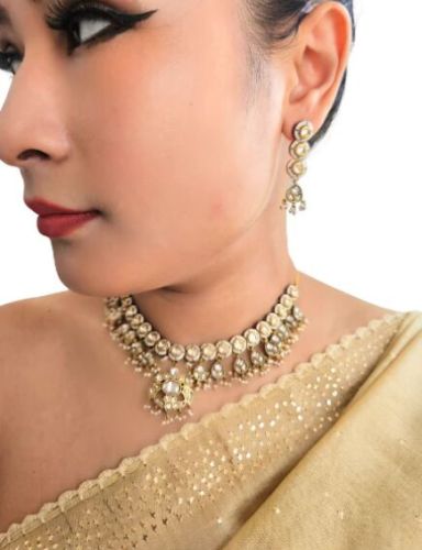 Pearls Kundan Gold White Necklace Set Traditional, Elegant