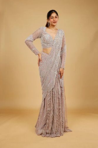 Champagne Net Drape Saree with Heavy Sequin