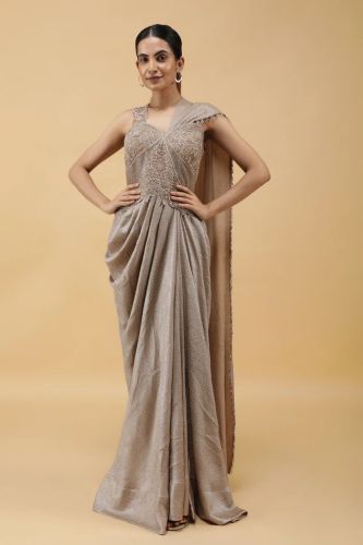 Champagne Radiance Kutdana Embroidered Crushed Draped Gown