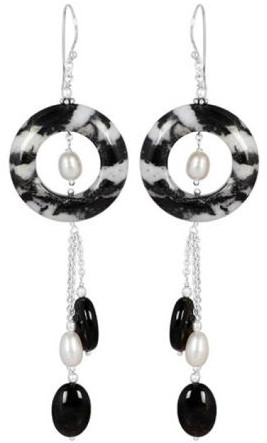 Polished 925 Sterling Silver Ladies Black Zebra Jasper Earring