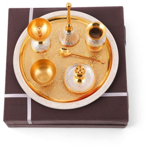 Glossy Aluminum Pooja Thali Sets 10 Inches, Brand Name : Krafts Inn