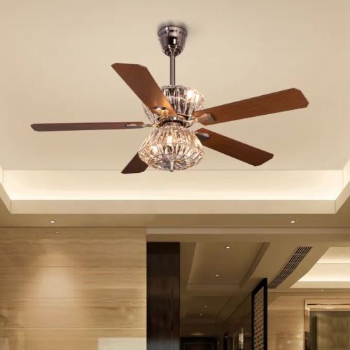 Chrome Finish Metal Body, Mahogany Finish Wooden Blade) Crystal Chandelier Ceiling Fan