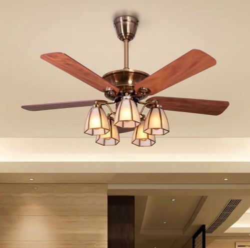 Gold Plated Body Teak Finish MDF Blades Chandelier Ceiling Fan