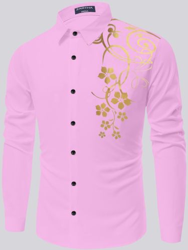Mens Pink Regular Fit Cotton Printed Shirt