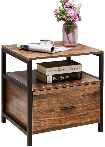 Wood Metal Square Bedside Table