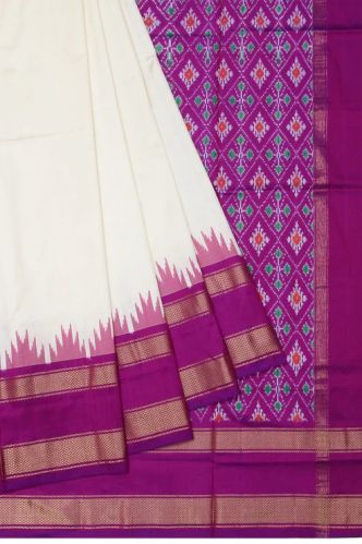 Cream Ikat Silk Saree With Gap Border