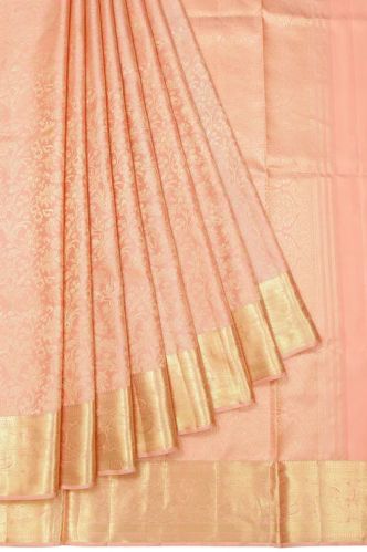 Peach Kanchipuram Silk Women Saree With Gold Zari Leaf Creeper and Tree Motifs