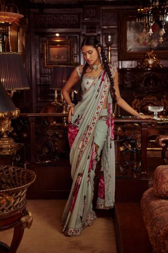 Viscose Georgette Idika Vintage Rose Handcrafted Saree