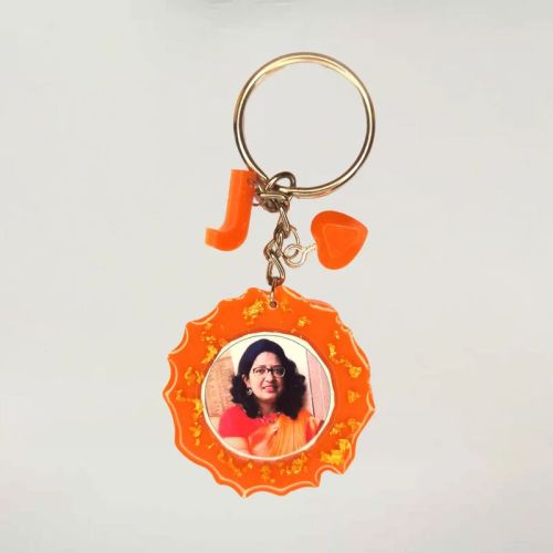Circle Shape Photo Keychains With Customizable Alphabet Resin Orange