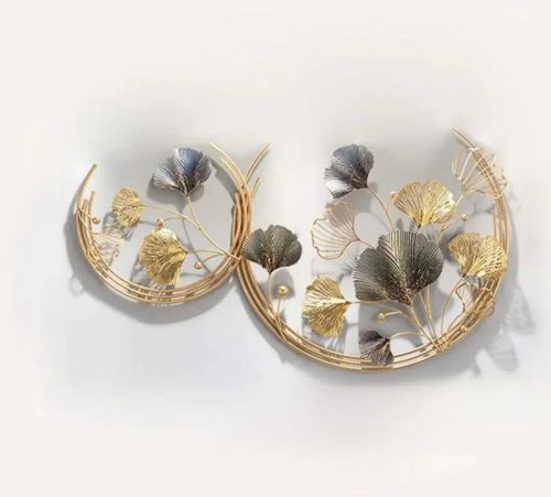 Designer Metal Wall Art: Handcrafted Golden Double Moon Ginkgo Leaf Sculpture
