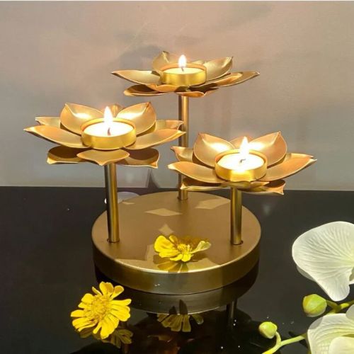 Stunning Set Of 3 Lotus Flower Tealight Candle Holders