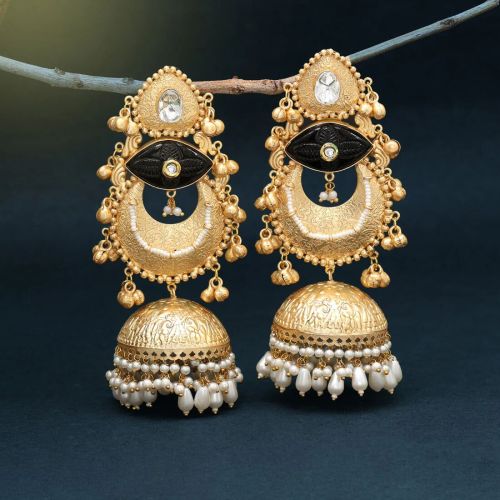 Black Color Handmade In Jaipur On Brass Metal With Moissanite Kundan Amrapali Earrings (Ampe441blk)