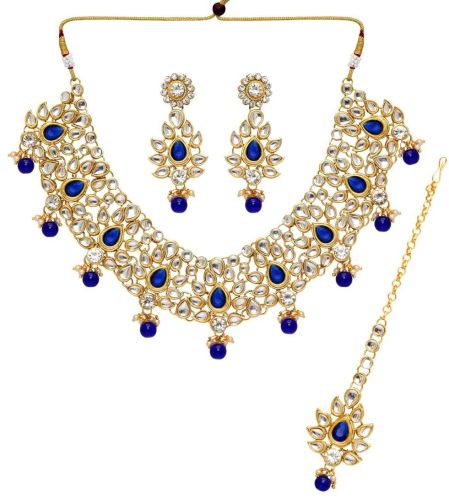 Blue Color Imitation Pearl & Kundan Necklace With Earrings & Maang Tikka
