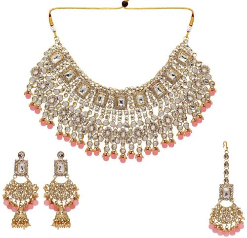 Peach Color Kundan Bridal Necklace With Earrings & Maang Tikka (KN222PCH)