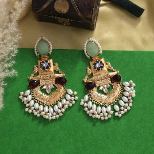 Pista Green Maroon Color Handmade Brass Metal Natural Stones Kundan Earring