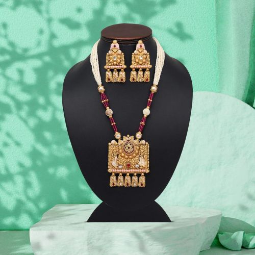 Rani Color Matte Gold Rajwadi Temple Necklace Set (TPLN683RNI)