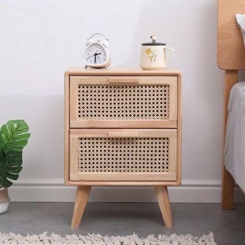 Natural Cane Woven Wooden Bedside Table