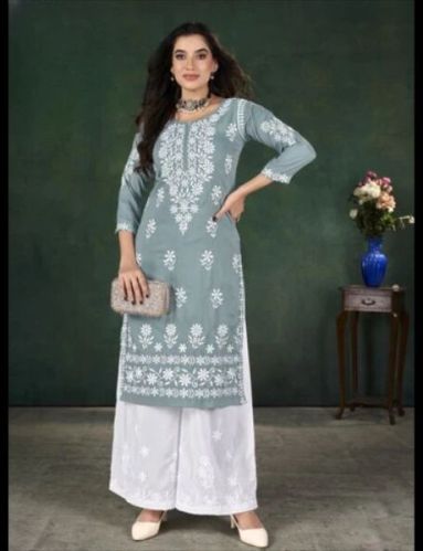 Heavy Muslin Fabric Women Chikankari Embroidery Kurti Palazzo Set