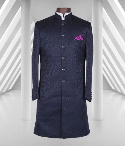 Blue Colored Jacquard Textured Men’s Achkan Suit