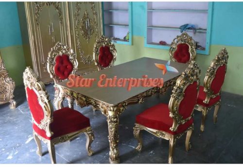 Hand Carved Dining Table Set DNG-059, Color : Antique Gold, Maroon