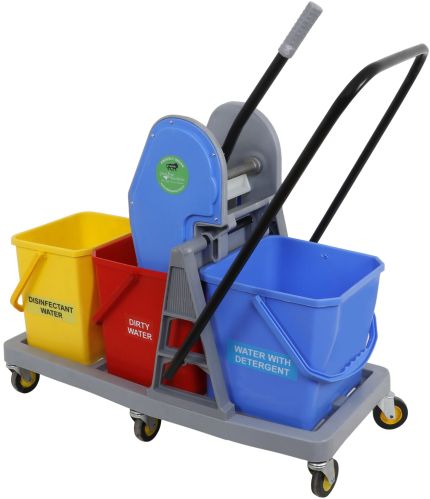 Kc Green Matt Plastic Three Bucket Mopping Trolle 48L for Hotels