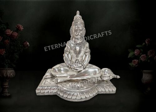 Silver Sitting Hanuman Ji Idol With Gada