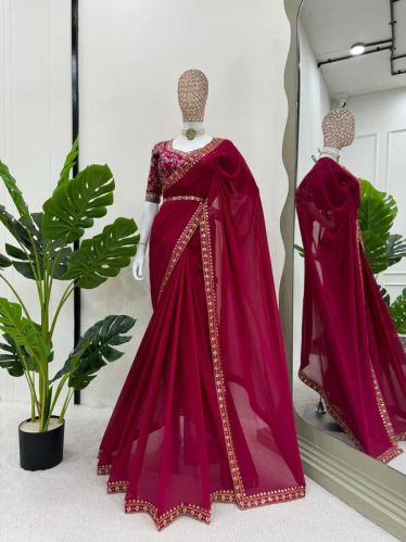 Cherry Pink Georgette Designer Saree, Saree Length : 5.5 Meter