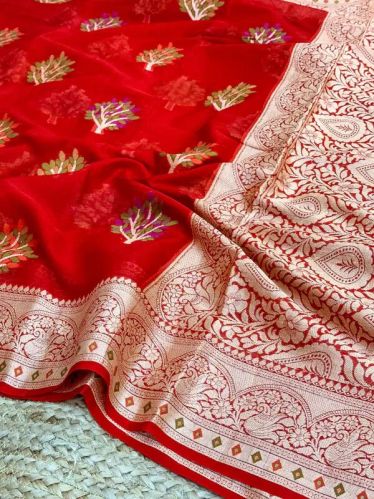 Chiffon Khaddi Buta Banarasi Saree, Color : Crimson Red