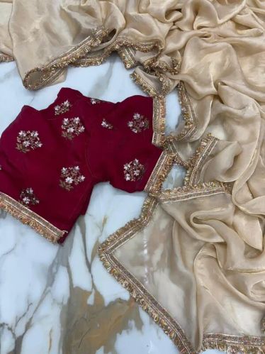 Dark Ivory Shimmery Saree With Pretty Lace Work