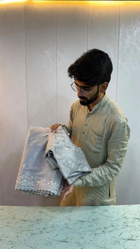 Handprinted Glittery Work Grey Shade Shimmery Softsilk Designer Saree