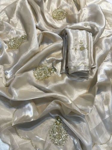 Ivory Shimmery Tissue Handwork Saree