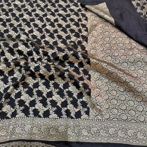 Jet Black Floral Munga Silk Banarasi Saree