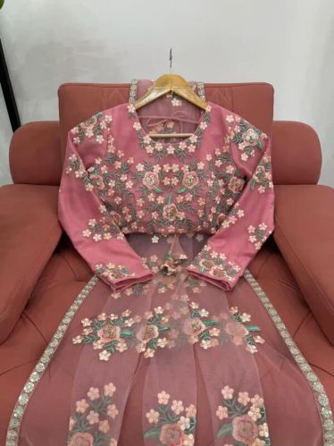 Light Peach Designer Net Floral Embroidered Buta Saree