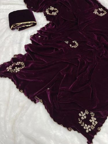 Wine Shade Velvet Designer Handwork Buta Saree