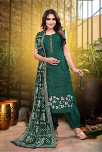 Printed Cotton Ladies Green Sleeveless Kurti Salwar Set Ethnic Wear