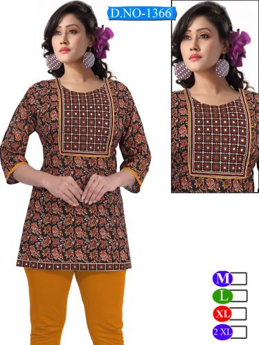 Printed Round Neck Rayon Short Kurti Casual Wear
