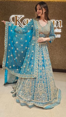 Net Blue Embroidered Ladies Lehenga Choli