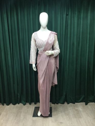 Imported Lycra Peach Drape Pearl Work Ladies Saree